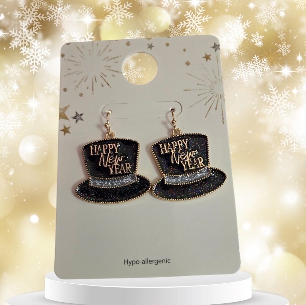 Happy New Year tophat pierced earrings